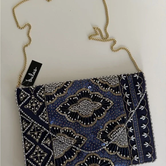 🔥NWT Lulu's Navy and Gold Beaded Clutch with Gold Chain - Picture 5 of 7